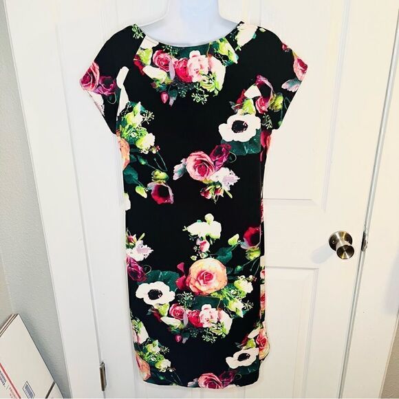 Merona Bright Casual Floral Shift Dress Black Pink Multi 6 - Picture 7 of 9